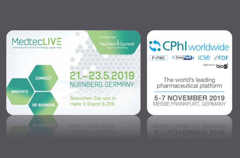 Illustration of two tiles in which the planned trade fairs of Digital Life Sciences are presented. This includes the MedtecLive as well as the CPhI World