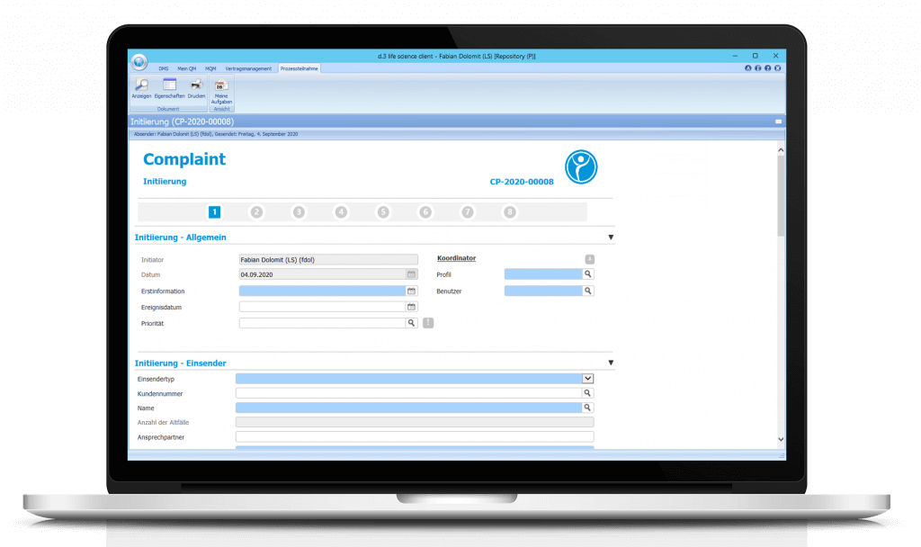 Abbildung eines Notebooks auf dem die QM-Workflows der Digital Life Sciences abgebildet werden, Complaint, Deviation Control, CAPA, Change Control