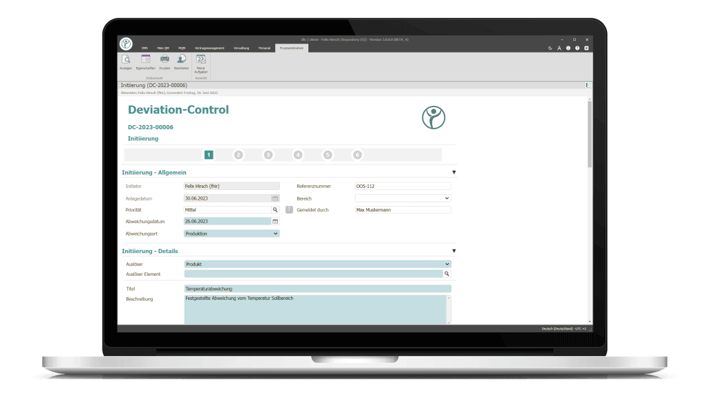 Notebook auf dem der QM-Prozess Deviation Control der DLS abgebildet wird