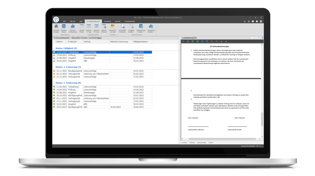 Abbildung eines Notebooks auf dem das Vertragsmanagement der Digital Life Sciences abgebildet wird