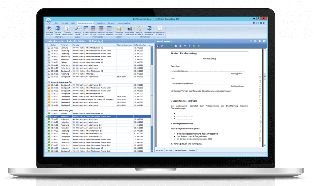 Abbildung eines Notebooks auf dem das Vertragsmanagement der Digital Life Sciences abgebildet wird