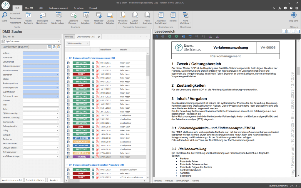 Abbildung eines Screenshots auf dem die Dokumentenlenkung der Digital Life Sciences abgebildet wird