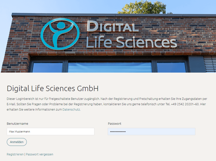 Login page of the customer portal of Digital Life Sciences GmbH