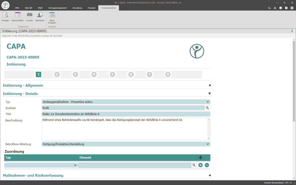 Abbildung eines Screenshots auf dem der QM-Workflow CAPA der Digital Life Sciences abgebildet wird
