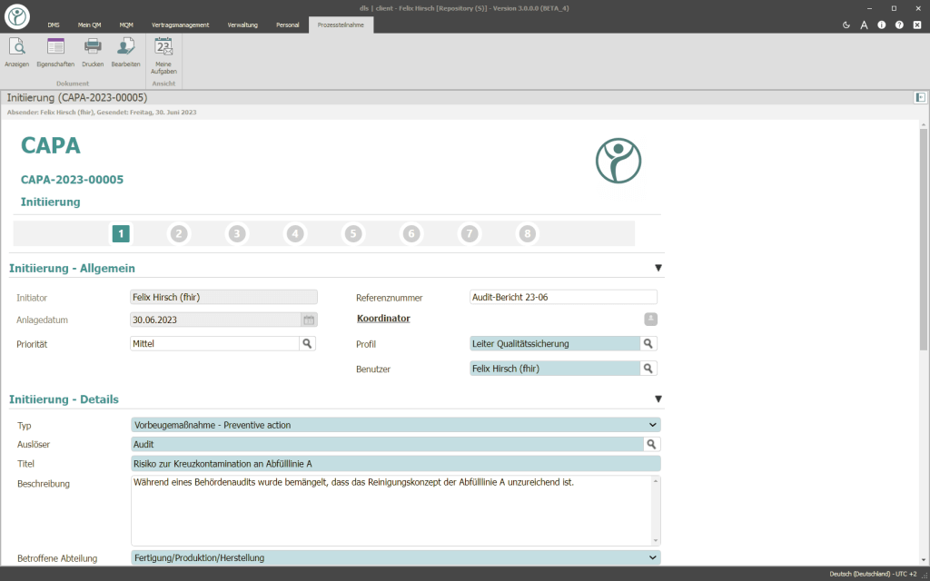 Abbildung eines Screenshots auf dem der QM-Workflow CAPA der Digital Life Sciences abgebildet wird
