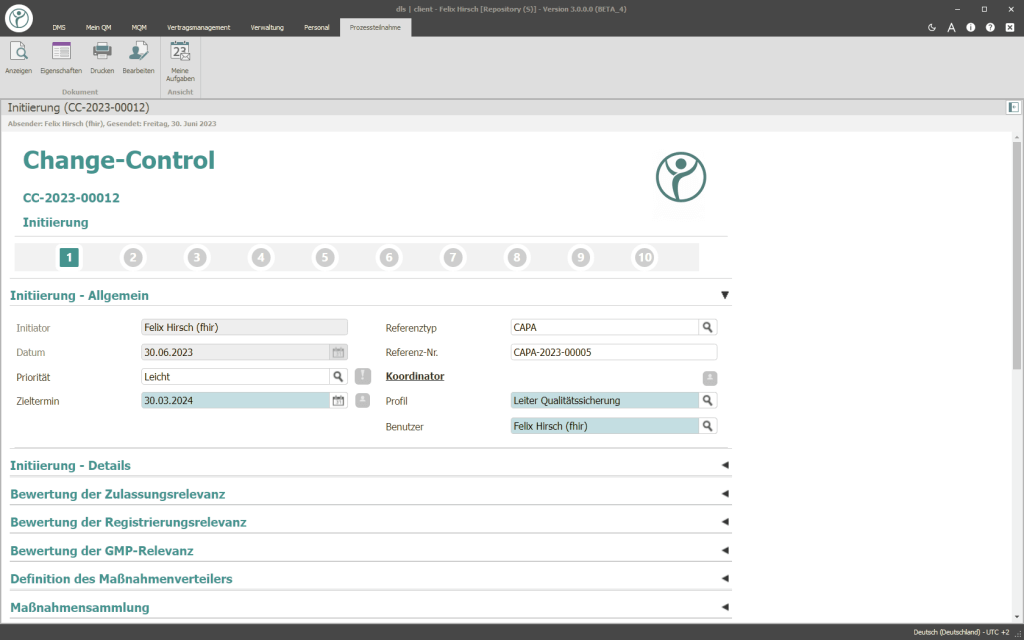 Abbildung eines Screenshots auf dem der QM-Workflow Change Control der Digital Life Sciences abgebildet wird