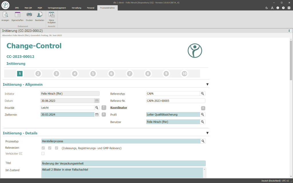 Abbildung eines Screenshots auf dem der QM-Workflow Change Control der Digital Life Sciences abgebildet wird
