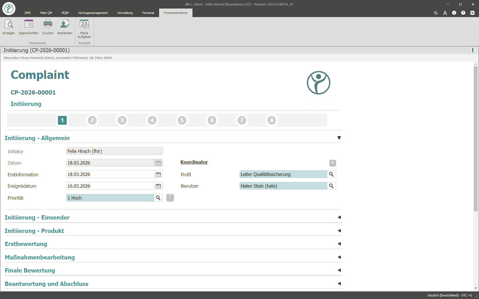 Abbildung eines Screenshots auf dem der QM-Prozess Complaint der Digital Life Sciences abgebildet wird