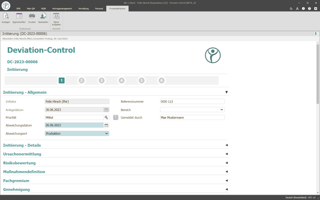 Abbildung eines Screenshots auf dem der QM-Workflow Deviation Control der Digital Life Sciences abgebildet wird