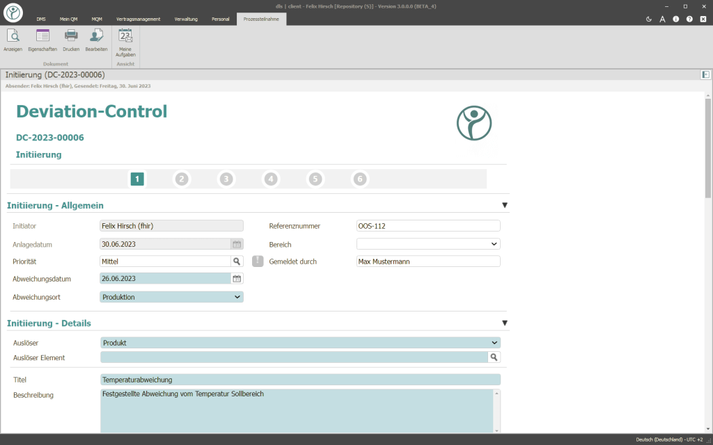 Abbildung eines Screenshots auf dem der QM-Workflow Deviation Control der Digital Life Sciences abgebildet wird