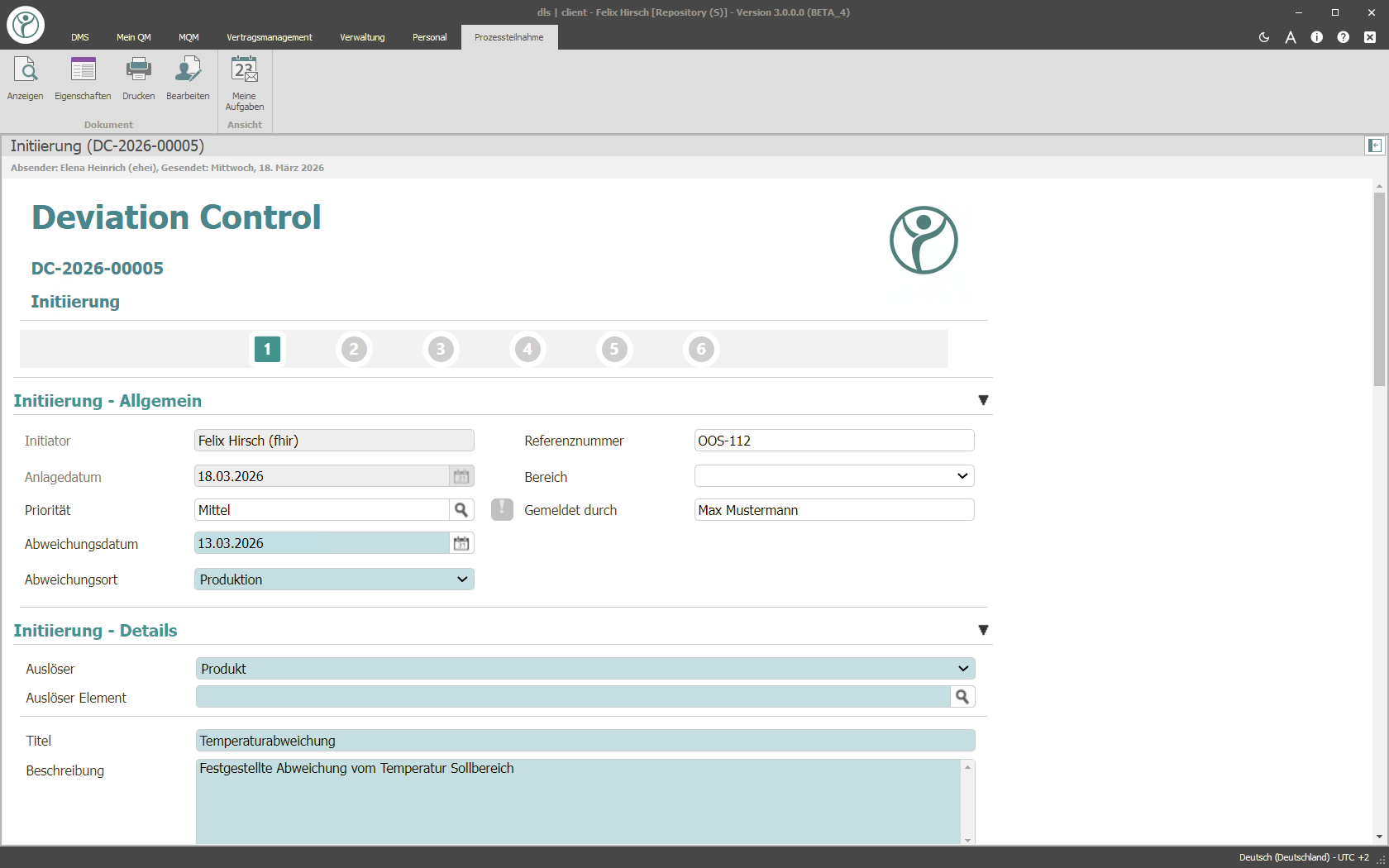 Abbildung eines Screenshots auf dem der QM-Prozess Deviation Control der Digital Life Sciences abgebildet wird