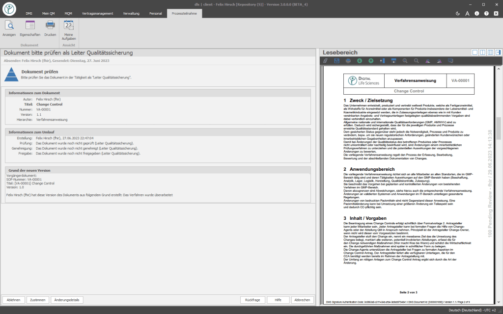 Abbildung eines Screenshots auf dem die Prüfung eines Dokumentenumlaufes der Digital Life Sciences abgebildet wird