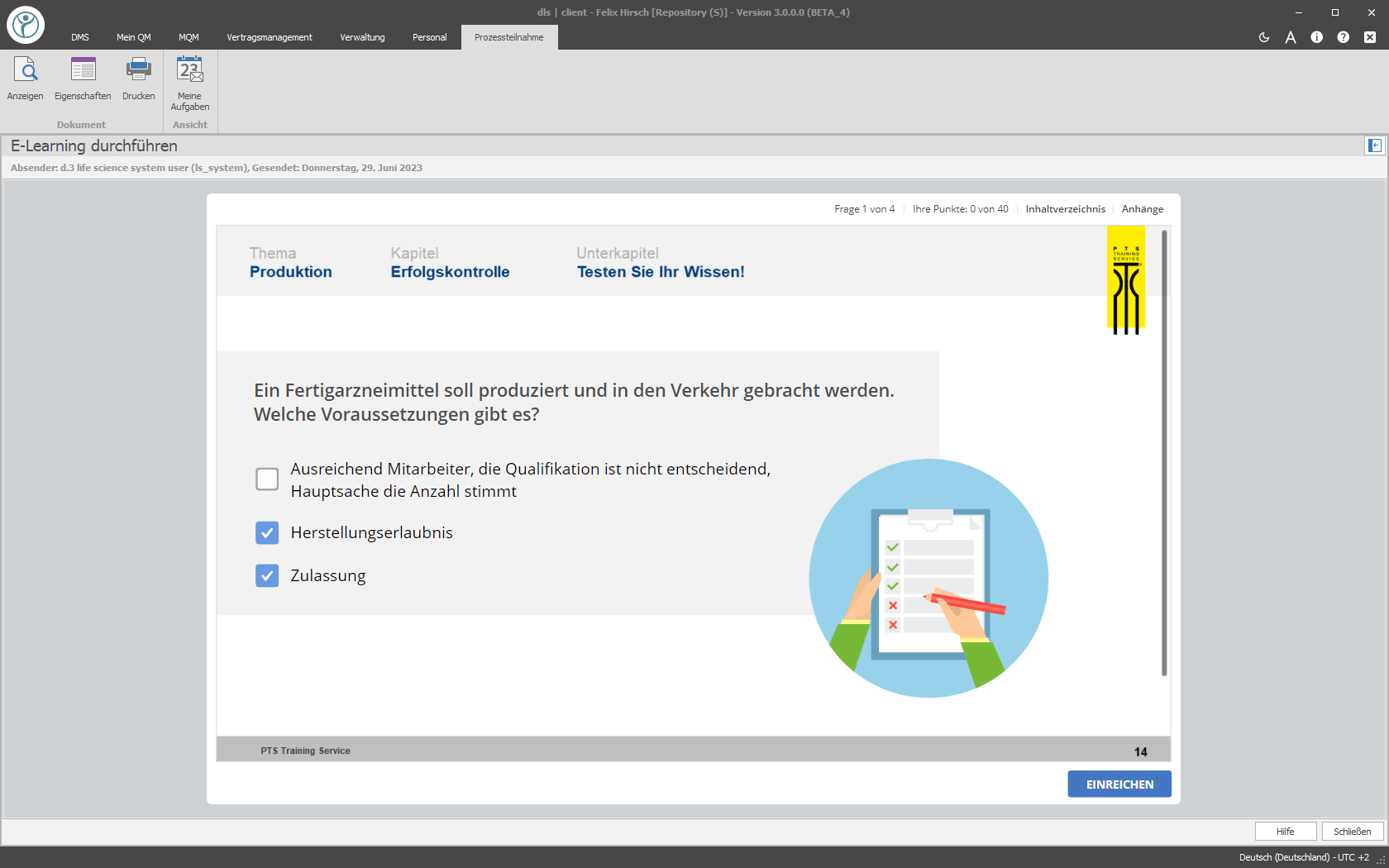 Screenshot auf dem das E-Learning mit einer Biespielfrage der DLS abgebildet wird