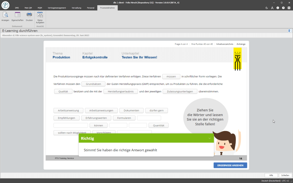 Abbildung eines Screenshots auf dem das E-Learning mit einer Auswertung der Digital Life Sciences abgebildet wird