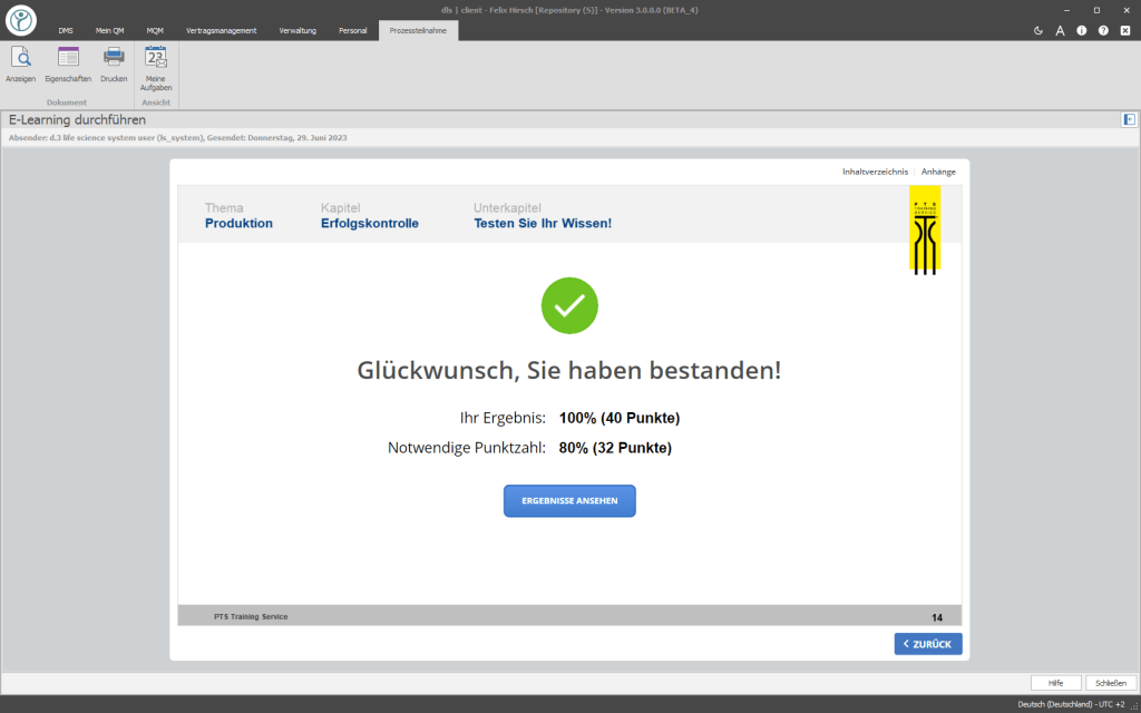Abbildung eines Screenshots auf dem das E-Learning mit einem Ergebnis der Digital Life Sciences abgebildet wird