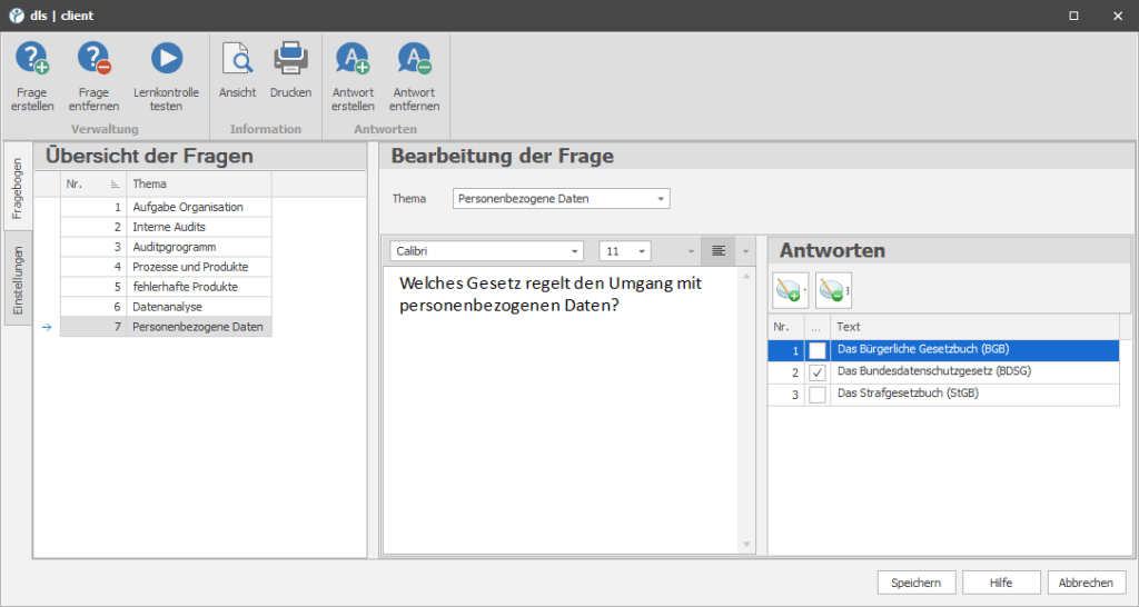 Abbildung eines Screenshots auf dem die Elektronische Lernkontrolle der Digital Life Sciences abgebildet wird