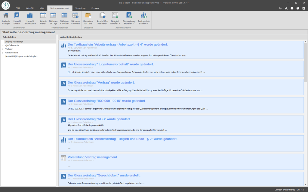 Abbildung eines Screenshots auf dem das Vertragsmanagement mit seiner Startseite der Digital Life Sciences abgebildet wird