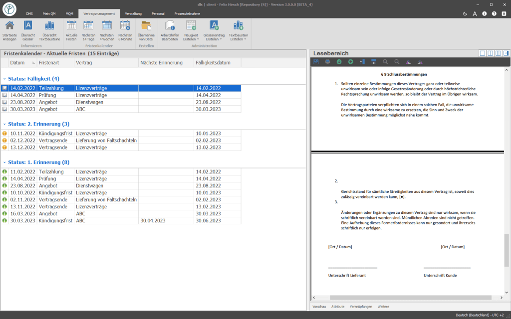 Abbildung eines Screenshots auf dem das Vertragsmanagement mit den aktuellen Fristen der Digital Life Sciences abgebildet wird