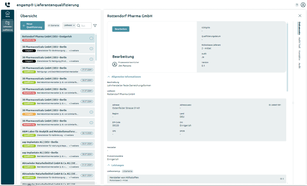 Abbildung eines Screenshots auf dem die Software Lieferantenqualifizierung der Digital Life Sciences abgebildet wird