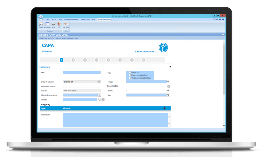 Mapping of a notebook on which the QM workflows of Digital Life Sciences are mapped, Complaint, Deviation Control, CAPA, Change Control