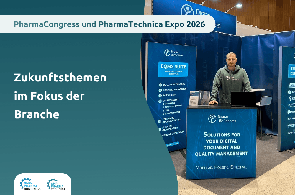 Stand von Digital Life Sciences bei der PharmaCongress & PharmaTechnica Expo 2026 mit Fokus auf zukunftsweisende Themen der Pharmabranche. Moderne Lösungen für digitales Dokumenten- und Qualitätsmanagement werden präsentiert.