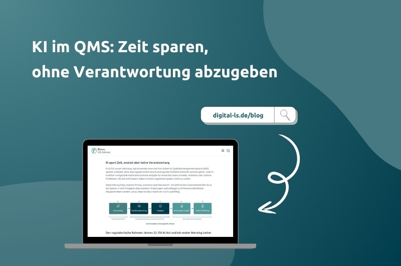 Laptop mit dem Blogbeitrag „KI im QMS“ auf digital-ls.de